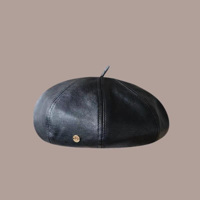 Women's Leather Beret Hat - Vintage Metal Logo Painter Cap Winter Fashion Slouchy Pumpkin Beanie Face Slimming Octagon Hat