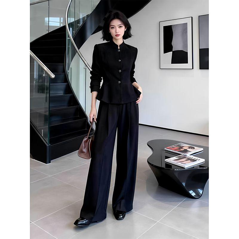 Spring and Autumn Plus-Size Women's Fashion Stand-Collar Jacket Set, Stylish Black Blazer with Wide-Leg Pants, Casual Two-Piece Set
