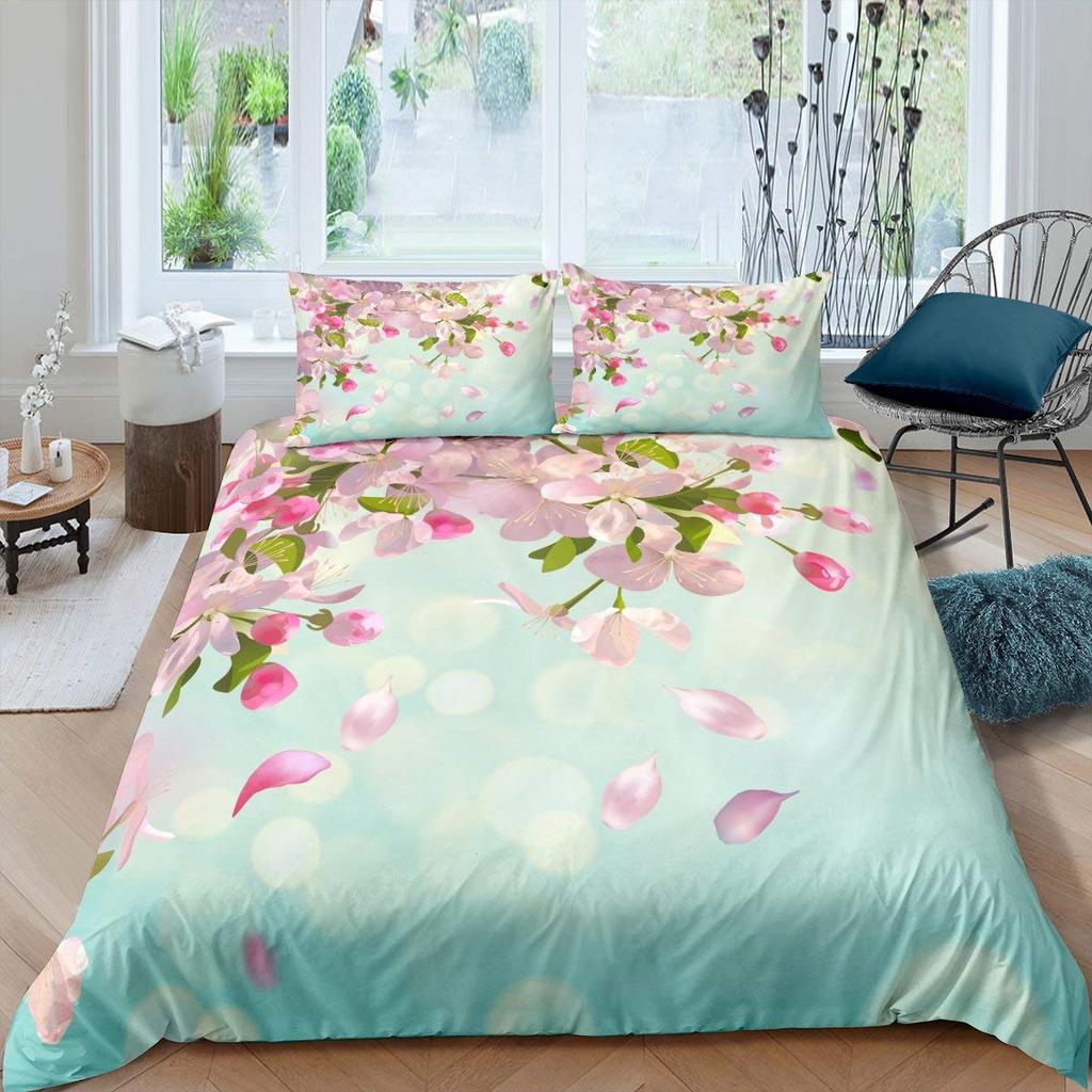 Peach Blossom Duvet Cover Set King Size Microfiber Pink Floral Bedding For Teens Women Twin Comforter Cover