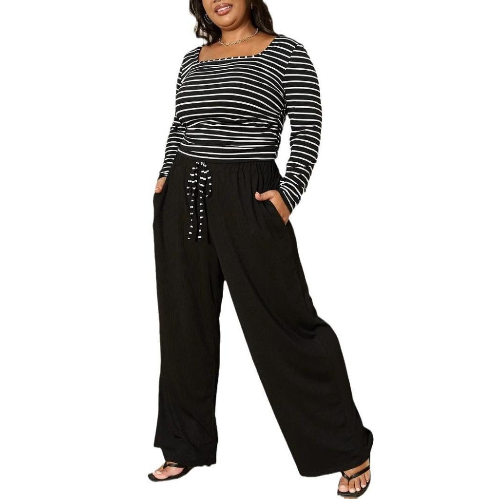 Women's Plus Size Casual Striped Long Sleeve Top Long Pants Suit