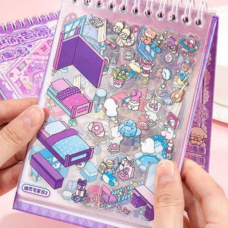 1 Set  Cabin Scene Pocket Stickers Cartoon Diy 3D Landscape Sticker Book Festival Birthday Gift For Student Kid Child