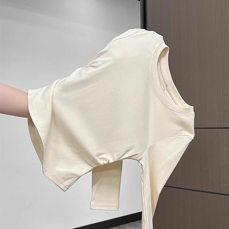 Round Neck Structured Shoulder Long Sleeve Tee Women Early Autumn Curved Hem Ruffle Waist Slim Base Layer Top