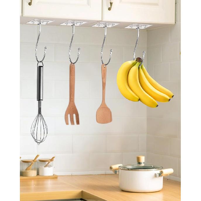 Self Adhesive Banana Hook Under Cabinet Foldable, 2 Pack Heavy Duty Metal Holder(13lb), Clear Banana Hanger Traceless, Keep Bananas Fresh & Kitchen