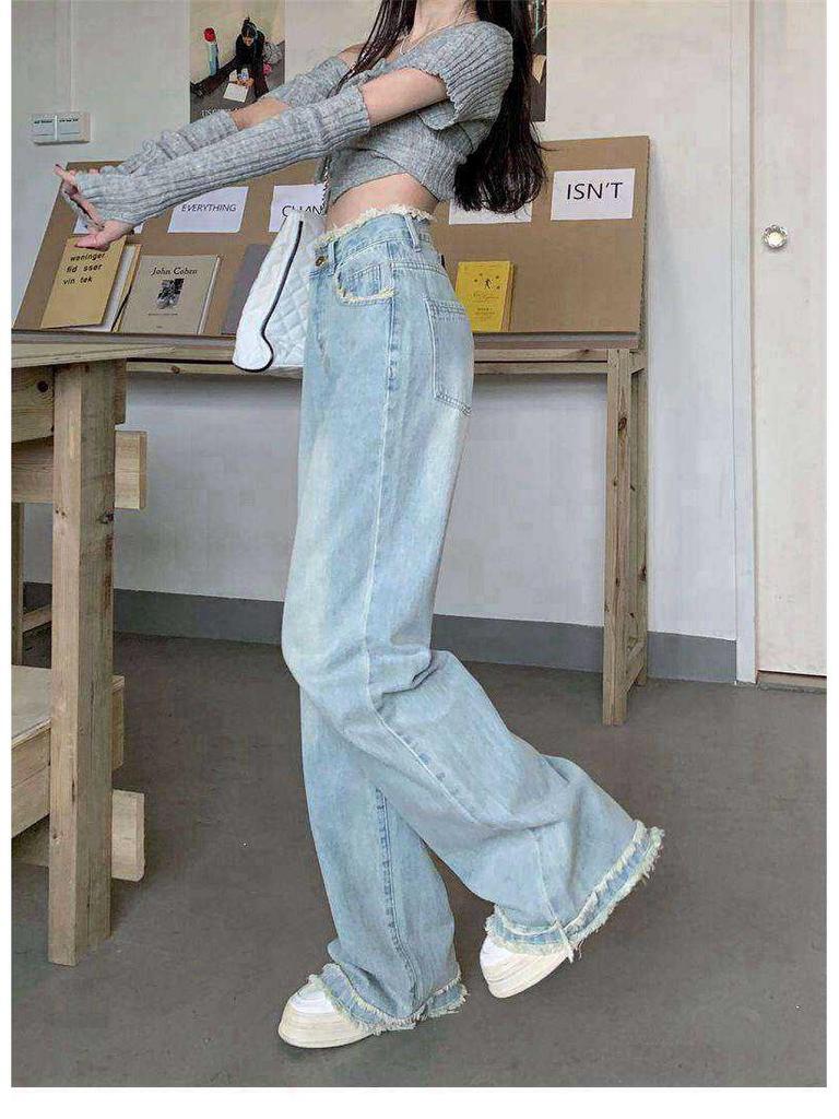 Women's Light Blue High-Waisted Wide-Leg Jeans - Petite, Loose, Slimming, Straight-Leg, Floor-Length (Spring/Autumn 2025 Style)