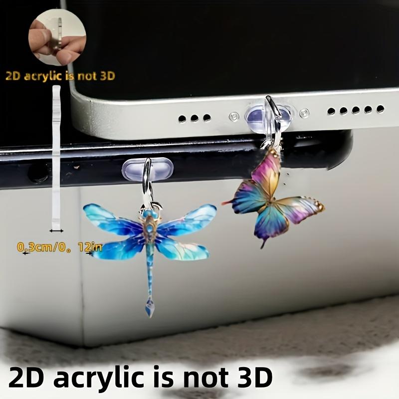 2D Flat 2pcs Beautiful Dragonfly and Butterfly 2D Plane Drawing Acrylic Mobile Phone Dustproof Plug