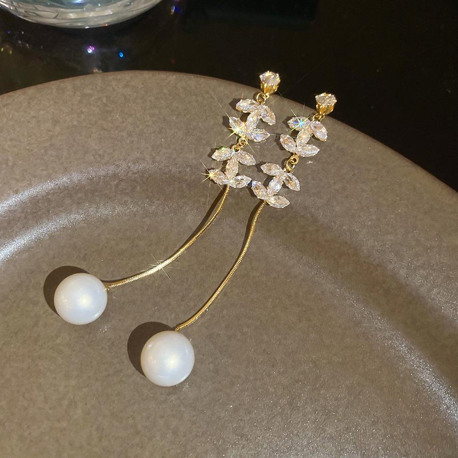 18K Gold-Plated Zircon Pearl Tassel Earrings for Women - Elegant High-End Fashion Jewelry