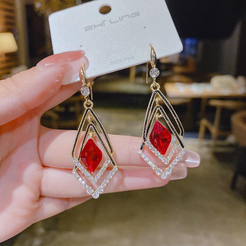 2024 Women's Red Crystal Double-Layer Geometric Diamond Earrings – Trendy Korean Design