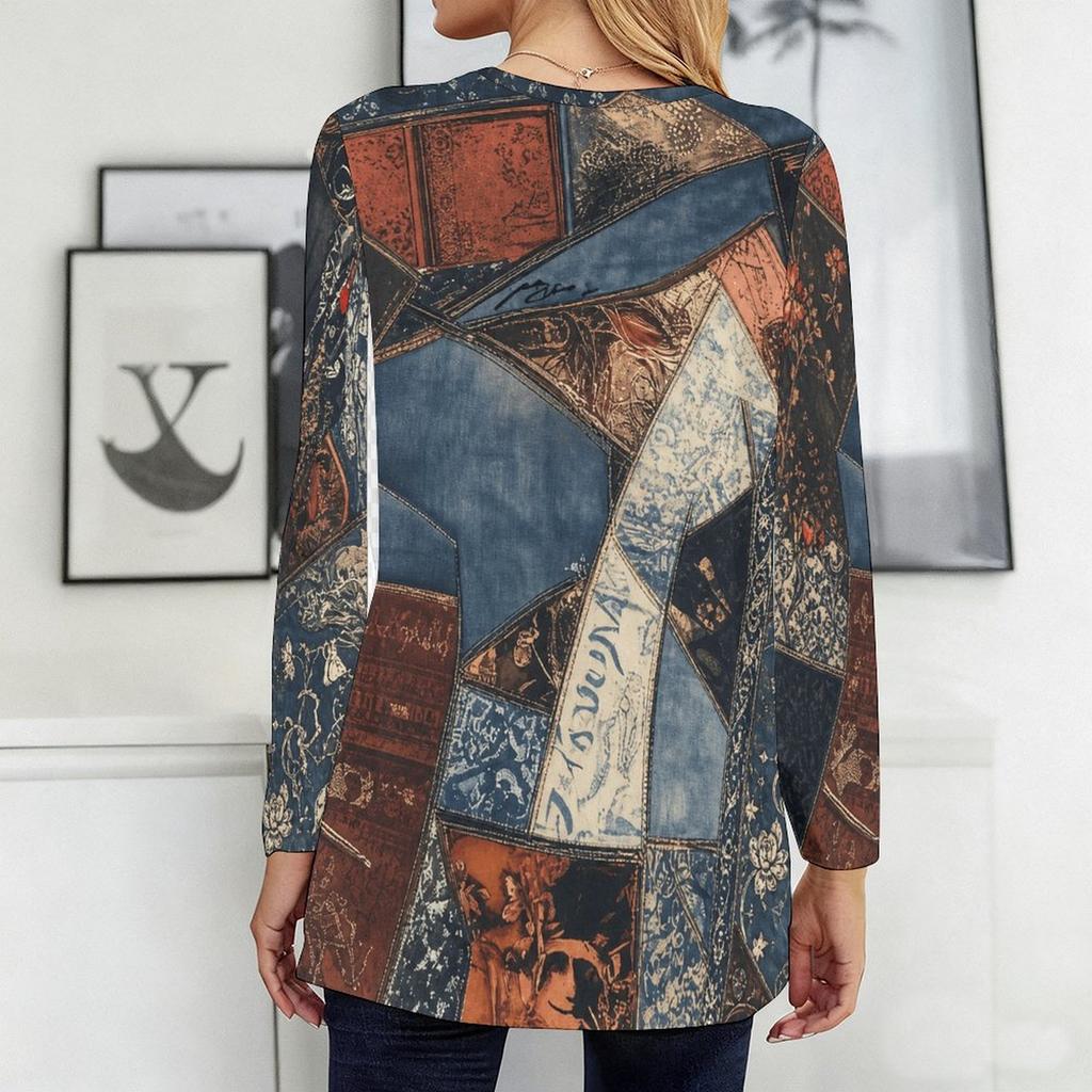 Women Plus Size Round Neck Printed Long Sleeve T Shirt Blue Brown Loose Fit Longline With Pockets