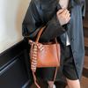 Fashion Vintage Bucket Bag Women PU Leather Top Handle Bag with Checkered Scarf Bow Large Capacity Shoulder Bag for Daily Commute and Outings