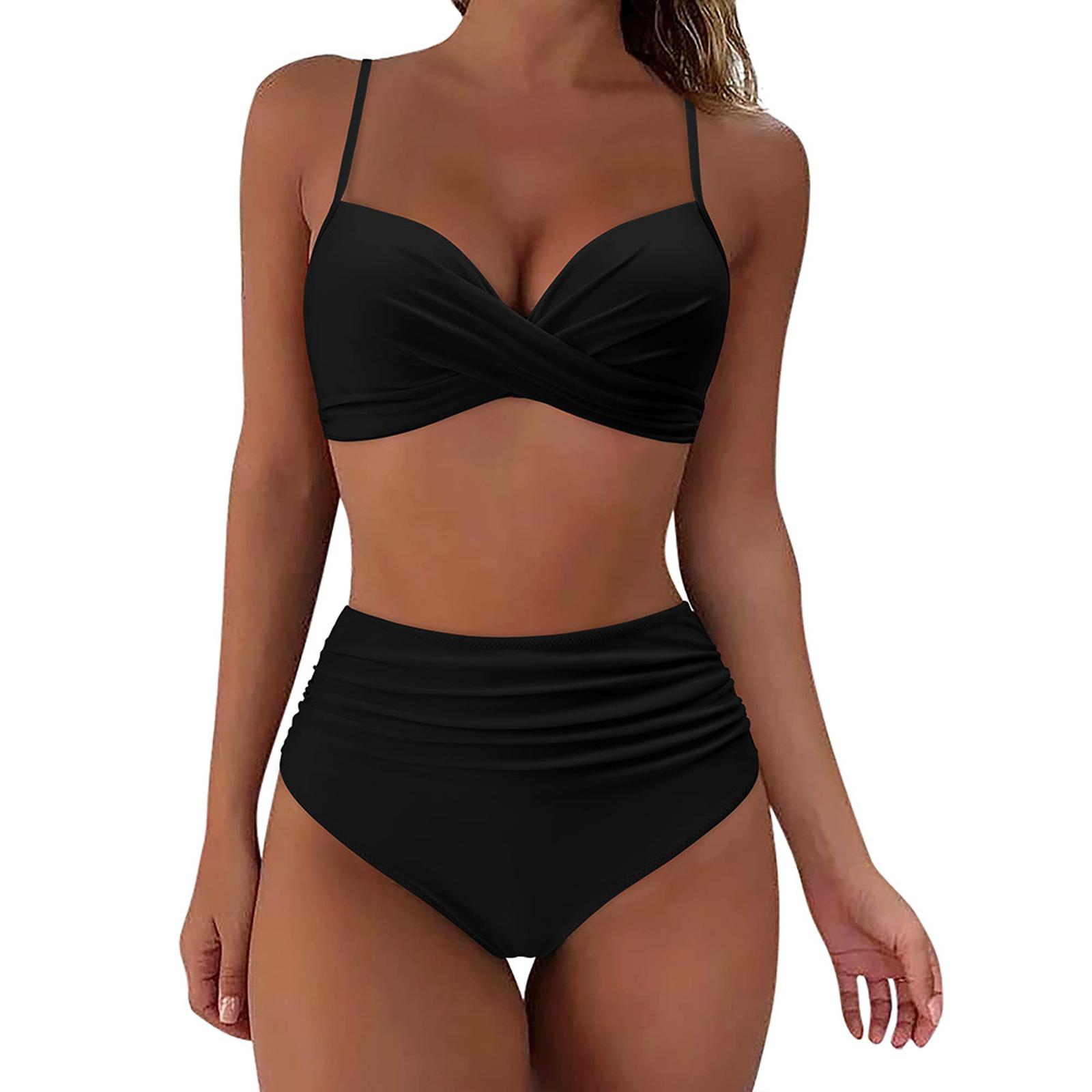 Bikini Push Up Badeanzug Frauen Sexy Solide Bademode Floral Frau Badeanzug Geraffte Beachwear XL Hohe Taille Bikini Frau M schwarz