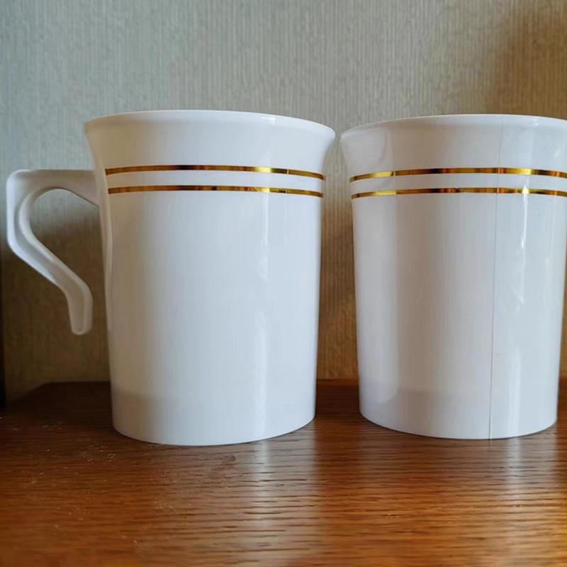 Plastic Coffee Mugs 8 Oz Coffee Cups With Handle White Gold Rim Disposable Tea Cup Soup, Espresso Mug, Hot Or Cold Drinks