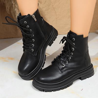 Mode Mode Schnürstiefel Schwarz für Damen Herbst Winter Reißverschluss Plateau Combat Boots Frau Klassische PU Leder Kurze Stiefeletten Mujer