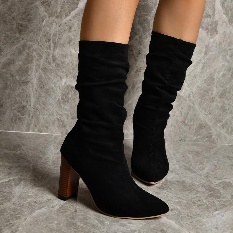 European and American Vintage High Heel Mid Sleeve Boots 2024 Autumn Winter High Heel Sexy Suede Mid Sleeve Single Boot Trafza