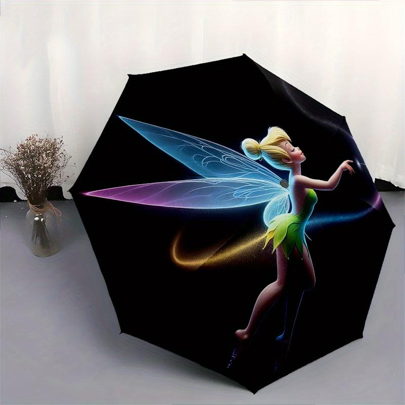 Disney Tinker Bell Automatic Open/Close Umbrella - Cute Umbrella with Cute Design, Portable 3-Fold Compact Umbrella for Men & Women, Valenti