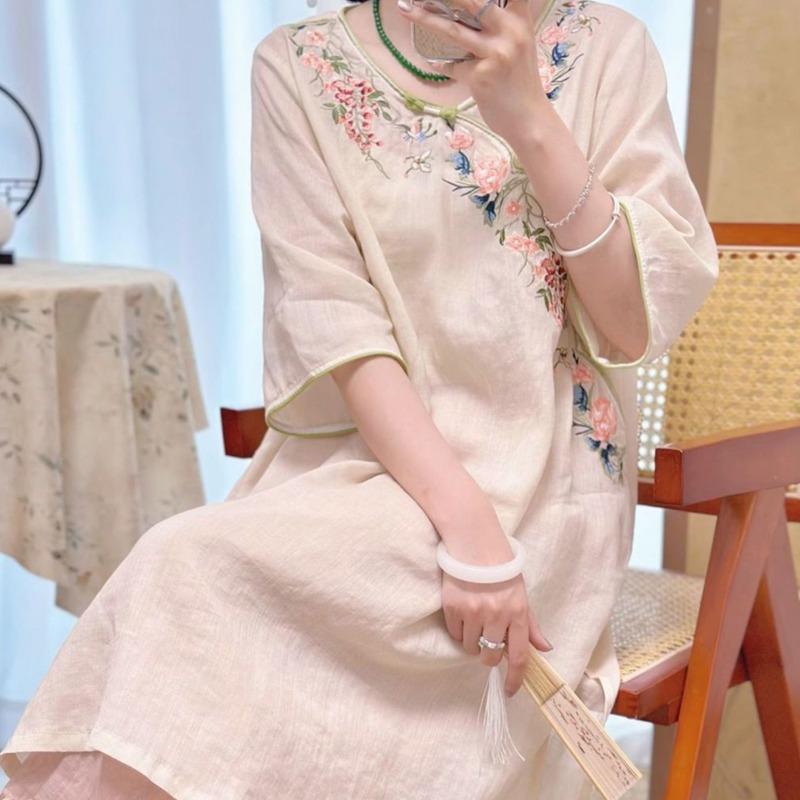 Women New Chinese Style Floral Embroidery Linen Dress Round Collar Frog Button Three-quarter Sleeve Casual Loose Fit Midi Dress