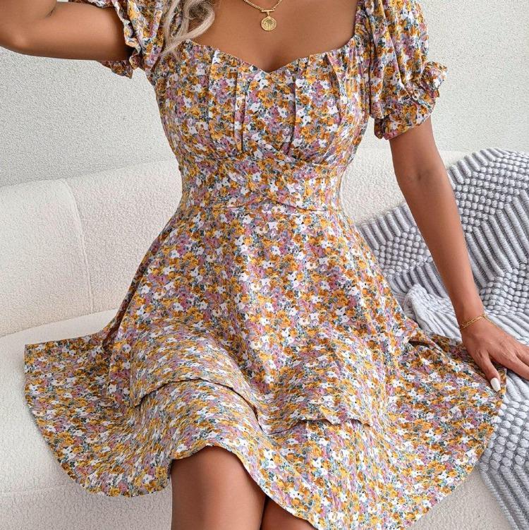 Sommerliches Blumenkleid für Damen Quadratischer Ausschnitt Kurze Ärmel Schnürung Temperament Frühling S-XL