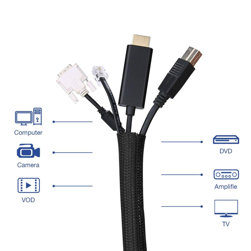 JOTO Cable Storage 8M DIY PET Use Black Sleeve, Approx. Length, 1.3cm Diameter, Cuttable, Material, Home/Office -