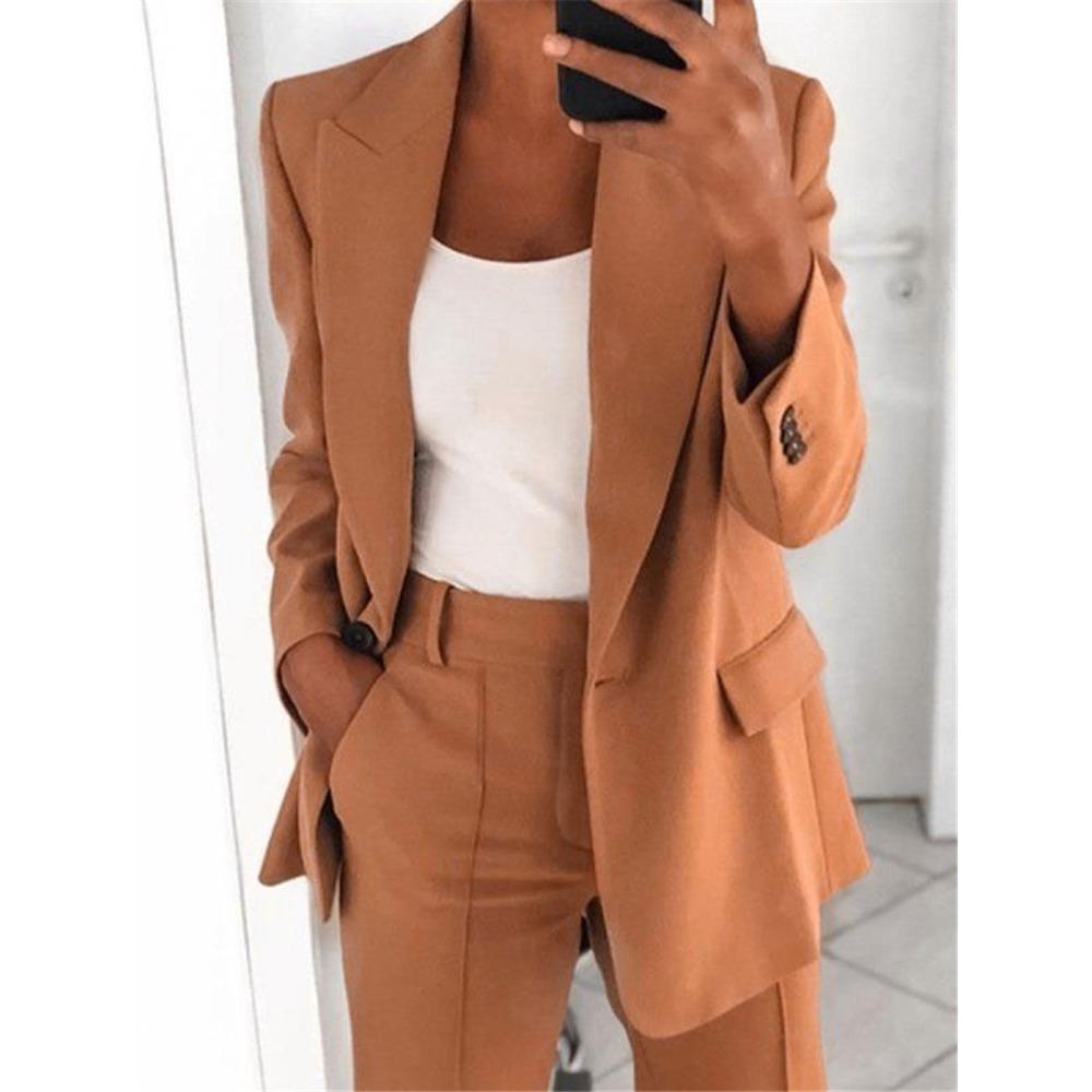 Damen Revers Langarm Blazer Hose 2-teiliges Outfit Elastische Taille Einfarbig Business Casual Anzug Set