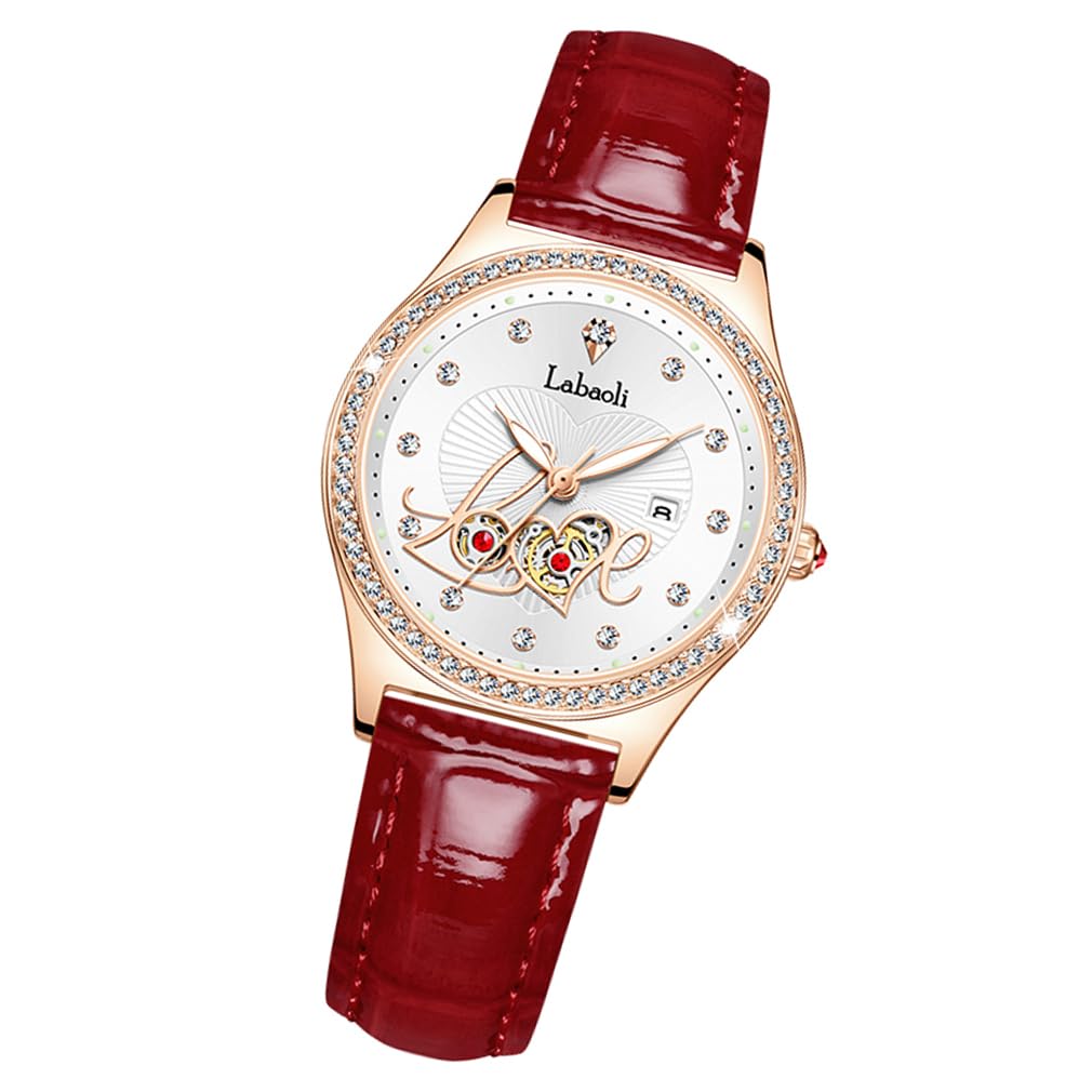 Red Leather Red Love Watch Women Ladies Watch, Strap, Diamond, Stylish, Waterproof, Simple, Business, Brand, Cute, Casual, Luxury, Gift, & White,