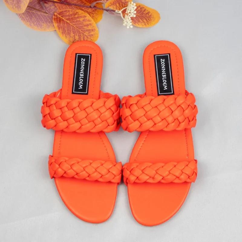 

Fashion 2025 New Designer Women Outside Slippers Summer Woman Flat Slides High Quality PU Leather Fashion Double Weave Beach Sandals 37 оранжевый