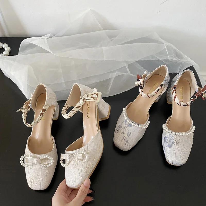 Fashion Beaded Bow Mary Janes High Heels Shoes Women Print Random Summer Sandals 2024 Lolita Dress Pumps Square Toe Femme Zapatillas