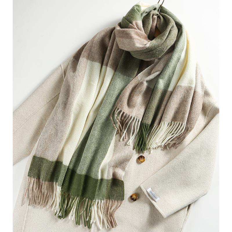 Winter Plaid Wool Scarf Women's New Warm and Fashionable Pure Wool Scarf To Prevent Cold Simple and Versatile Tassel Scarf