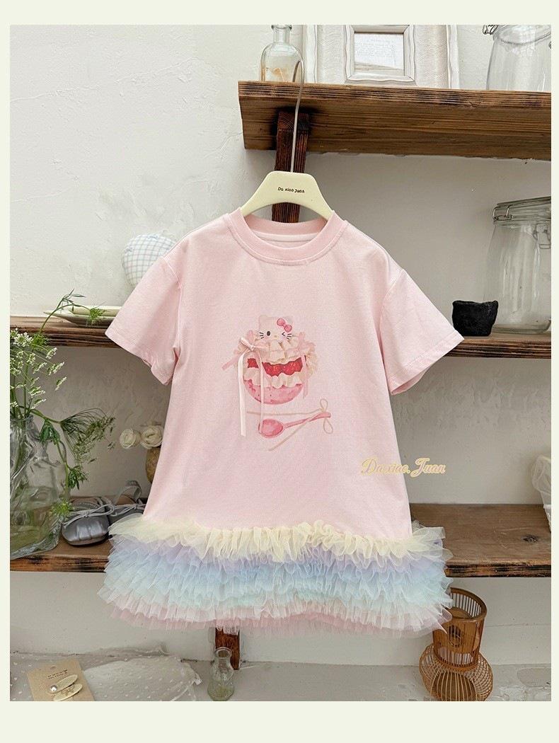 Large Size Girls Rainbow Cartoon Mesh Patchwork Summer Dress 120 cm