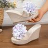 Summer new muffin wedge heel one-word slippers women's thick bottom sweet flower outer wear fashionable super high heel slippers
