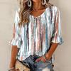 Women's Retro Floral Print Ruffle Three-Quarter Sleeve Blouse with Tie Neck