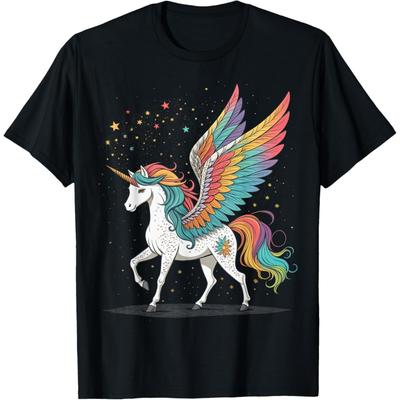 Magisches Regenbogen-Einhorn mit Flügeln Schwarzer Hintergrund Kunst T-Shirt