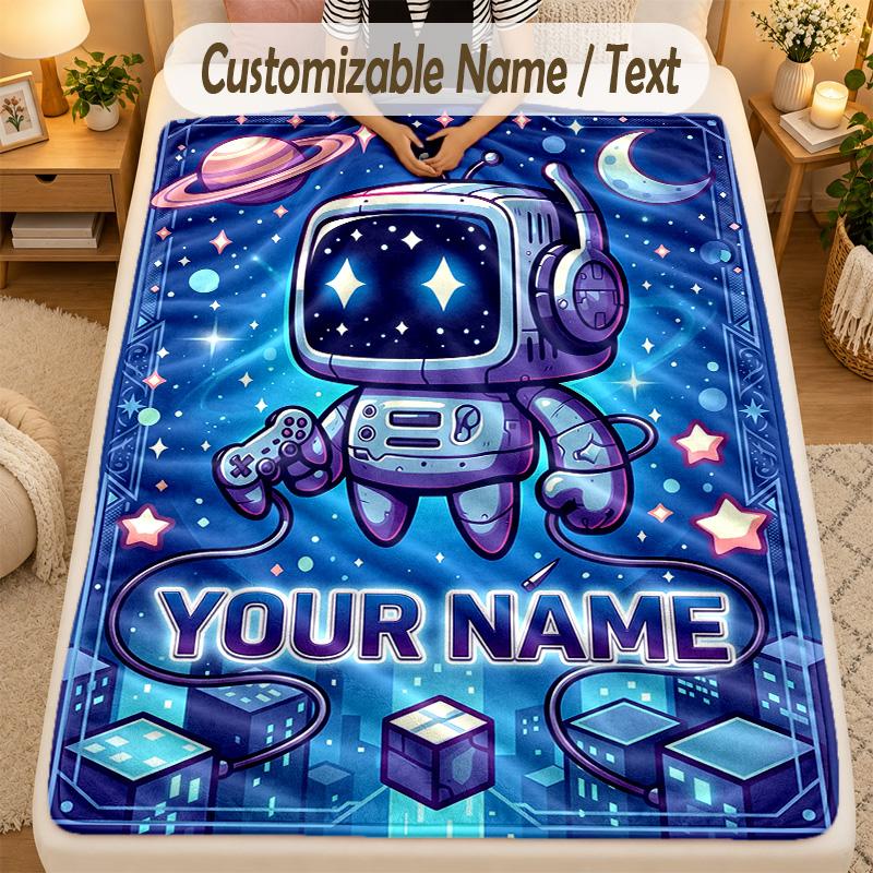 Flannel BlanketAstro Bot Custom Name Text Personalized Soft Warm Throw Blanket Home Decor Gift