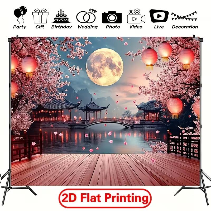 2D Night Cherry Blossom Lake Pavilion Tapestry for Chinese New Year Festival Decoration