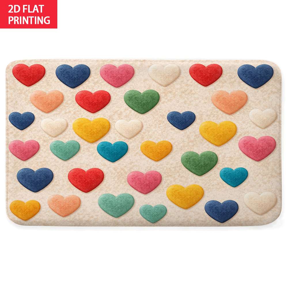 2D Flat Multicolor Hearts Pattern Cute Flannel Bath Mat Non Slip Love Theme Rug For Bathroom Kids Room Floor Decor