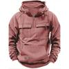 New Men's Solid-Colour Hooded Sweatshirt with Multiple Pockets Leather-Patch Detail Zip-Up Jacket