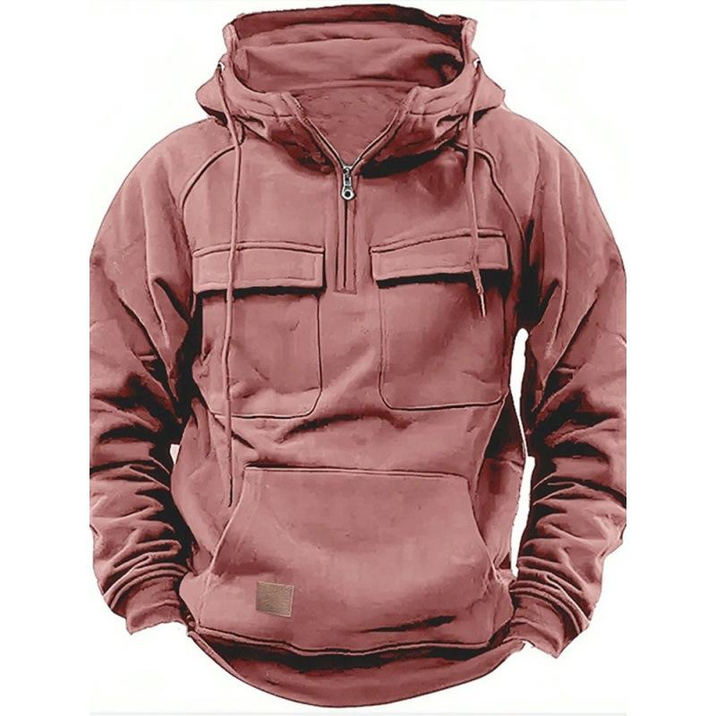 New Men's Solid-Colour Hooded Sweatshirt with Multiple Pockets Leather-Patch Detail Zip-Up Jacket
