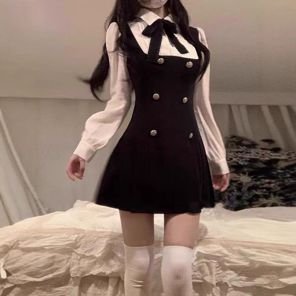 

French fake two-piece shirt dress women s clothing early autumn new school style waist summer skirt XL чорний