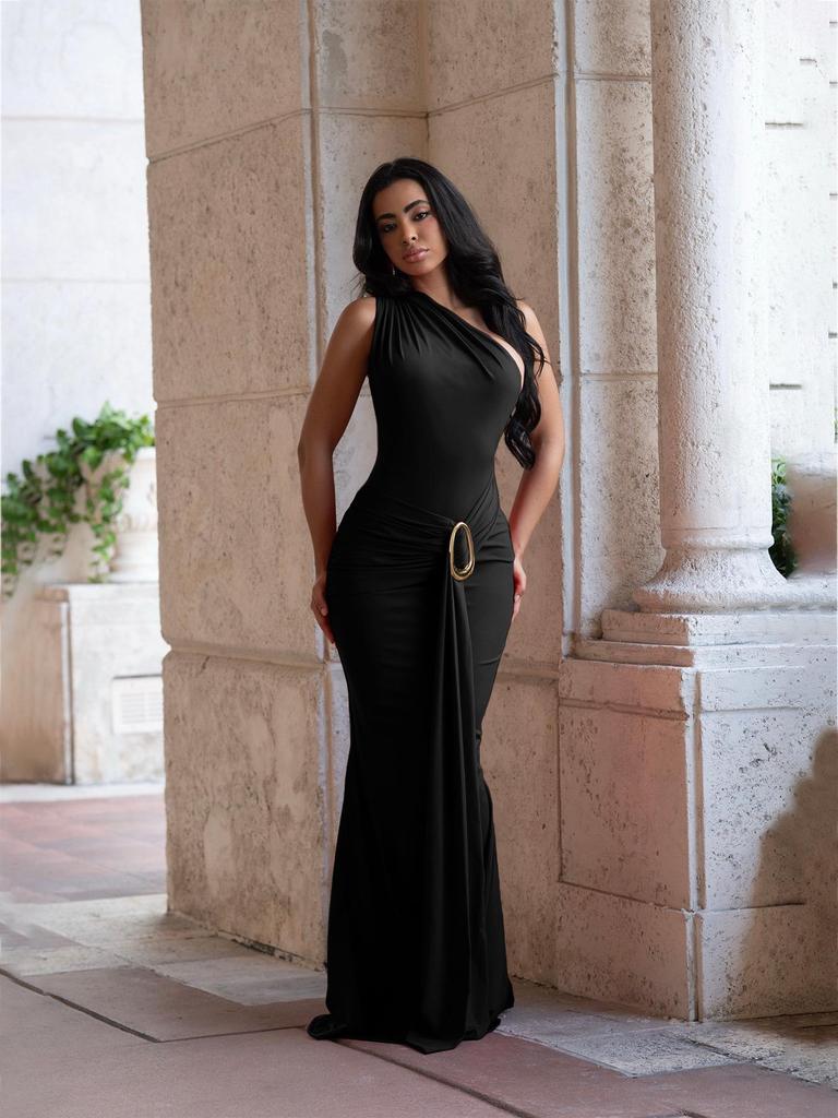 European & American One-Shoulder Pleated Slim Fit Open-Back Dress