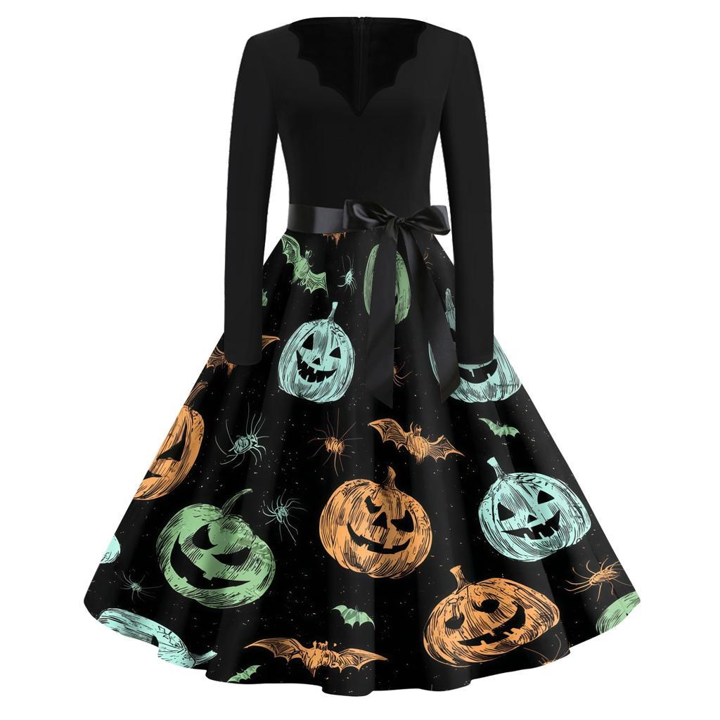Women's Casual Vintage V Neck Dress Long Sleeve Halloween Print Swing Dress with Waist Tie Retro Style Midi Dress