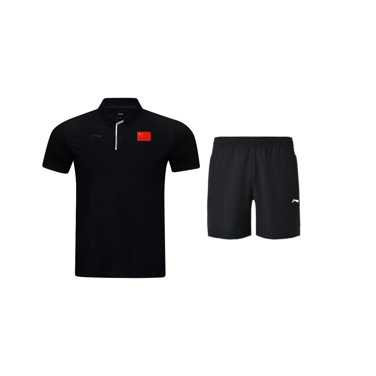 Li-Ning National Flag Glory Series Cool And Comfortable Polo Shirt With Hidden Buttons Quick-Dry Shorts Casual Sports Set APLW067-1+AKSU789-3 M