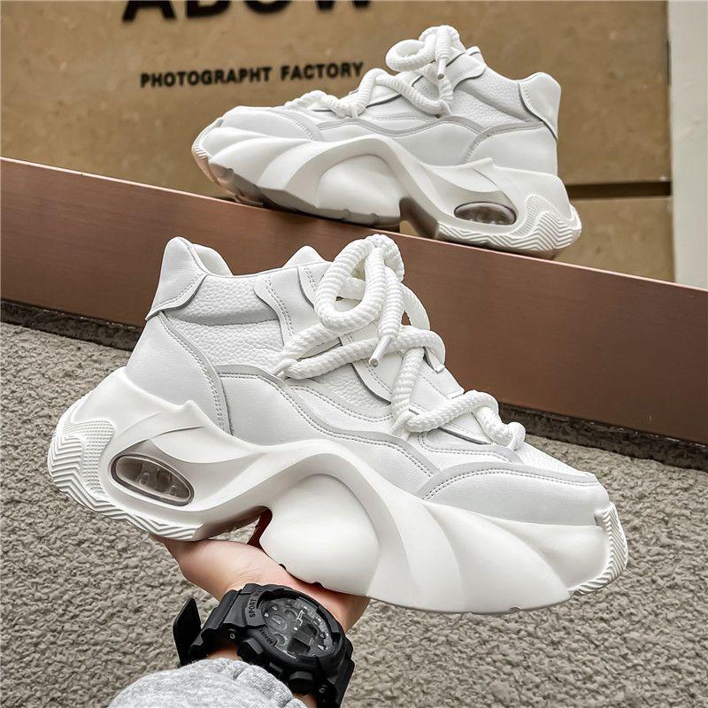European Men's Thick Sole Air Cushion Height-Boosting White Dad Sneakers: Winter Casual Sports Style
