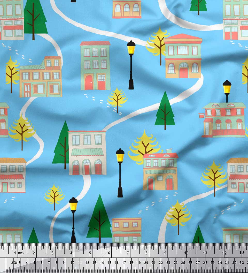 

Soimoi Brown Японська креп-сатин Тканина для дерев, вуличних ліхтарів і будинків з архітектурним принтом на метри 42 дюйма 42 Inch Wide - Poly Crepe синій