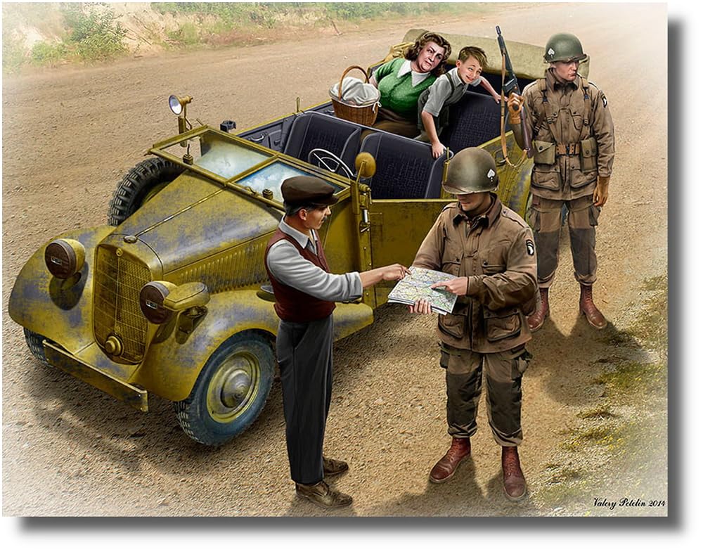 

Master Box 1/35 Scale US-German Road Checkpoint Plastic Model Kit (2 US Soldiers & 3 Civilian Families, No Cars) MBP35161