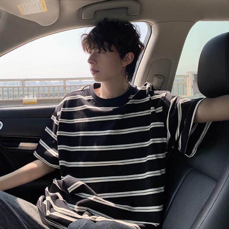 Summer Striped T-shirt Short-sleeved Men's New Retro All-match Round Neck Casual Three-quarter Sleeve Top