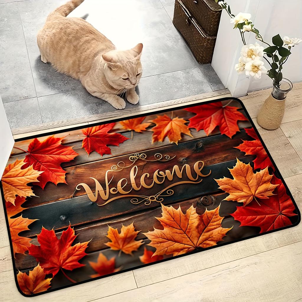 Welcome Maple Leaf Doormat Autumn Fall Red Maple Leaves Rustic Wood Plank Print Entrance Rug Indoor Front Door Home Decor Mat