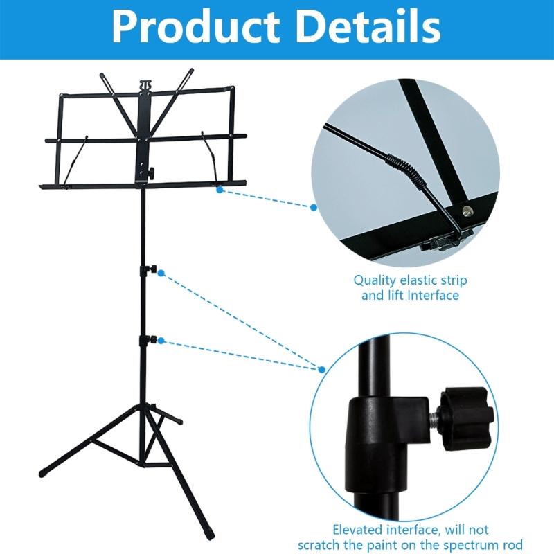 Music Stand for Sheet, Metal Sheet Music Stand Portable Adjusted Podiums Stand with Tripod Base and Sheet Music Folder