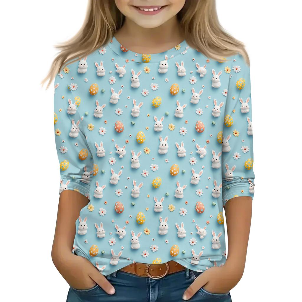 Print Tops For Youth Girls Round Neck 3/4 Sleeves T-Shirts Trendy Tops Outfit Tees