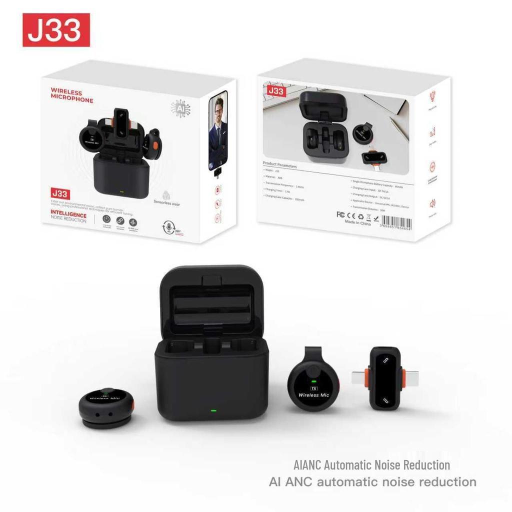 J33 Wireless Lavalier Microphone with Charging Case & AI Noise Reduction, Digital Display, Dual-Function Button.
