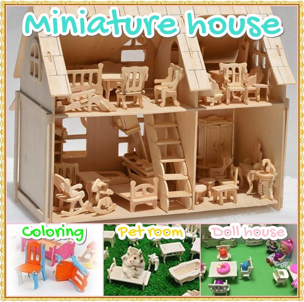 Wooden Miniature Furniture Set for Easy Assembly No Tools Pretend Small Furniture Dollhouses, Kit, Required, Play, (Beige)