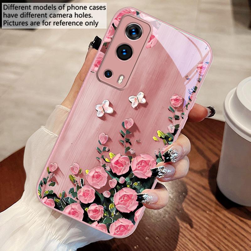 Rose Butterfly Rose Purple For Vivo Y76 16 55 V29 Lite 5G 25 23 30 IQOO Z9X 12 Pro Neo X200 100 90 60 Tempered Glass Phone Case