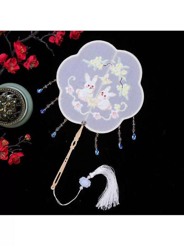 Traditional Chinese Fan for Children, Summer Hanfu Dance Fan for Girls, Embroidered Ancient Costume Fan with Tassel Pendant, Unique-Shaped Fan